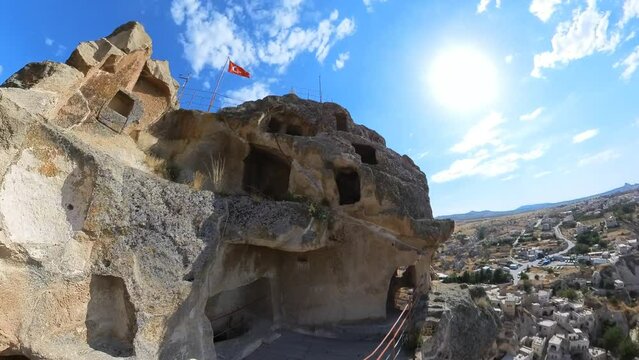Ortahisar Castle of Cappadocia in Turkey. The castle offers a commanding view of the surrounding landscape.This fortress has a rich history, dating back centuries.