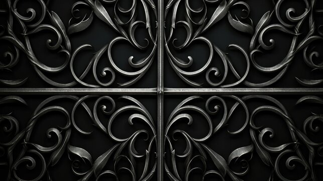 Intricate wrought iron gate texture background, featuring ornate scrolls and geometric patterns in dark, elegant metal. Ideal for adding a touch of sophistication to architectural renderings.