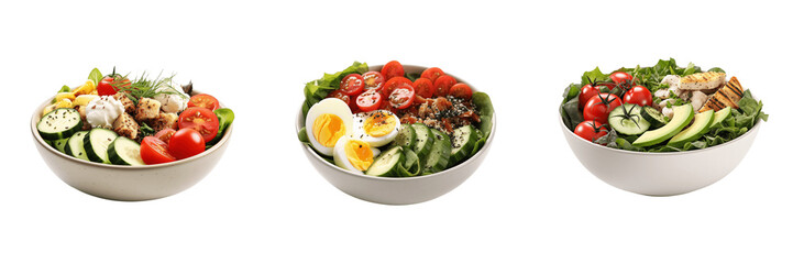 A set of three salad in bowl isolated on transparent background