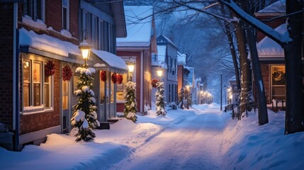 Snow blankets the quiet town, softly glowing lights adorning homes, streets filled with a hushed anticipation.