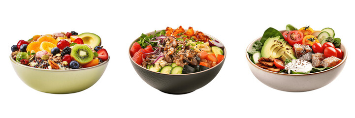 A set of different three salad isolated on a transparent background