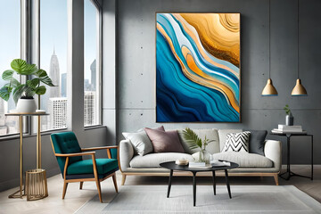 Marble abstract acrylic painting in the interior of the room. Marbling artwork texture. - obrazy, fototapety, plakaty