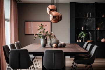 Experience the Alluring Harmony of Contemporary Interior Design in a Captivating Dining Room, where Charcoal Gray and Blush Pink Colors Blend Stylishly with Chic Furniture, Soft Lighting
