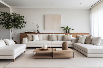 Harmonious Tranquility: Embracing Japanese and Scandinavian-inspired minimalistic design, this open concept living room exudes elegance and balance with clean lines, sleek furnishings, and a cozy