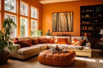 A Spacious and Welcoming Living Room with Warm Earth Tones, Vibrant Orange Accents, Elegant Furniture, and Harmonious Natural Elements Creating a Cozy and Relaxing Ambiance.
