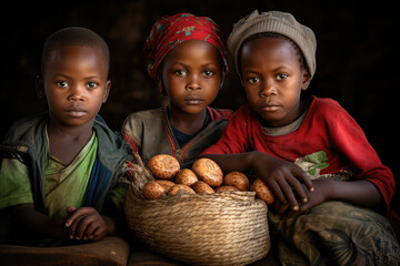 a group of young children in africa eat food in a dirt floor - obrazy, fototapety, plakaty