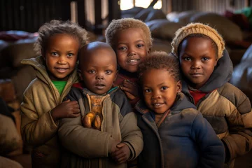 Zelfklevend Fotobehang a group of young children in africa eat food in a dirt floor © Kien
