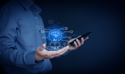 Chatbot chat with AI artificial intelligence Businessman using AI smart robot technology, artificial intelligence by giving commands to create something. future technology