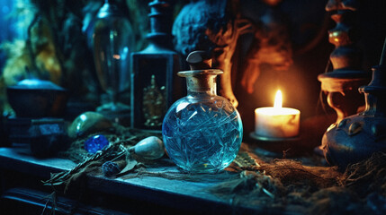 Obraz na płótnie Canvas Close-Up of Mana Blue Potion in Apothecary Room, Herbalist