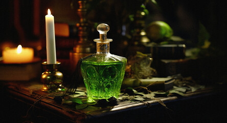 Close-Up of a Poison Green Potion in an Apothecary Room, Herbalist