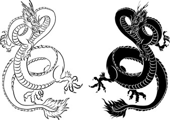 Japanese red dragon tattoo.Dragon on red background for Chinese New Year.Gold Chinese Dragon vector.Gold line art King Dragon tattoo.cartoon vector for t-shirt.