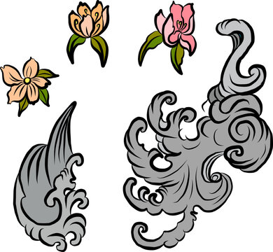 Chinese cloud vector for coloring book and printing on white background.Japanese waves for tattoo design on isolated.
