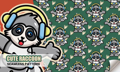 Seamless pattern with Funny cute cartoon raccoon. Vector illustration of small raccoon character