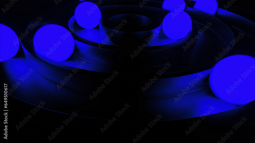 Poster animation with glowing balls moving in 3d rings. desing. circles with rotating 3d balls glowing in d