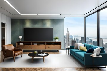 TV on cabinet in modern living room on white wall background