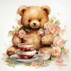 Cute teddy bear with cup of coffee and flowers. Watercolor painting