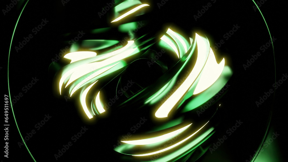 Poster moving abstract ball with glowing lines and metallic texture. design. futuristic ball rotates with m