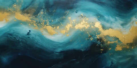 Fototapeta na wymiar a painting with blues, golds and black swirls background, generative AI