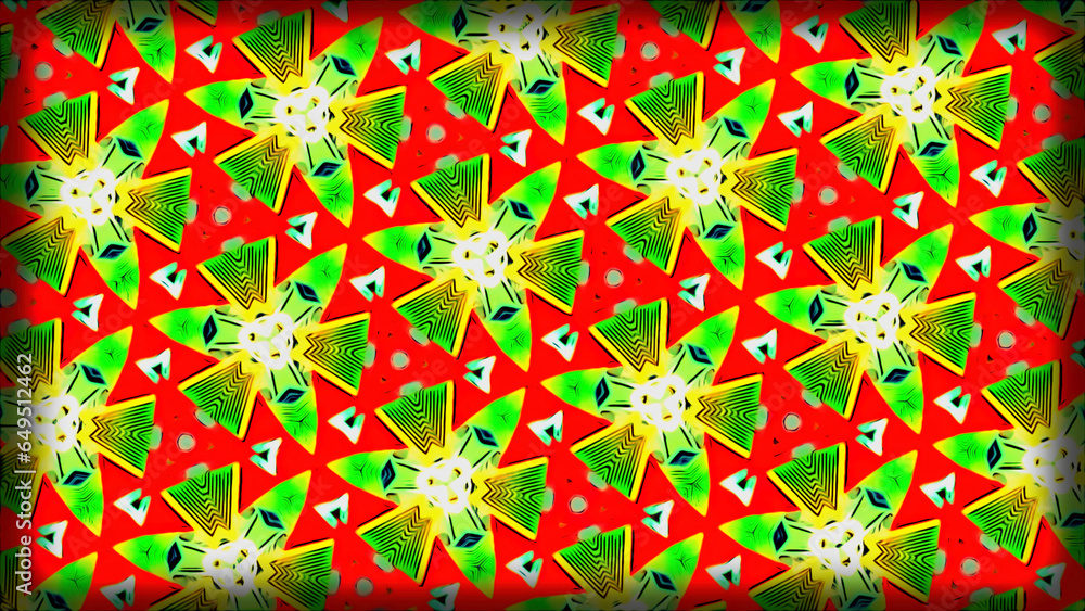 Poster bright kaleidoscopic pattern with geometric shapes. motion. lots of figures flashing in bright kalei