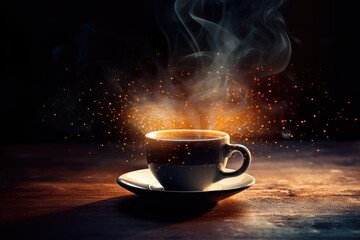 Black hot coffee cup and golden smoke on dark wood table. Mug with steaming smoke on dark background with golden lights, glittering sparkles and bokeh. Warm, light atmosphere. Magic mourning