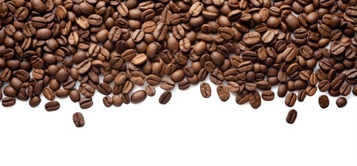 Obraz premium Fresh roasted coffee beans closeup pattern isolated on clear white background. Food pattern. Love coffee concept. Top view, flat lay with copy space