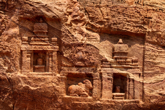 Bagalkot, Karnataka, India - June 15, 2023: Ancient Temple Images Carved on Stone in Badami
