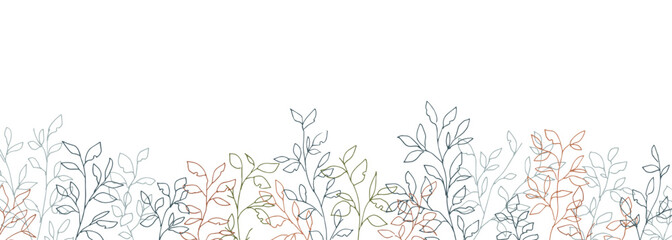 葉っぱの線画ベクターイラスト。手描きの秋の植物背景。ナチュラルな草木。Line drawing vector illustration of leaves. Hand drawn autumn plants background. Natural plants and trees.
