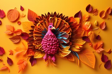  Paper colorful cartoon turkey isolated on yellow background with fall leaves. Happy Thanksgiving celebration concept. Autumn holiday flyer, poster or banner with copy space. Papercraft, quilling - obrazy, fototapety, plakaty