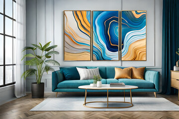 Marble abstract acrylic painting in the interior of the room. Marbling artwork texture.