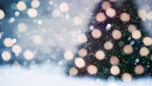 Blurred bokeh christmas tree with snowfall background for your text or advertising.
