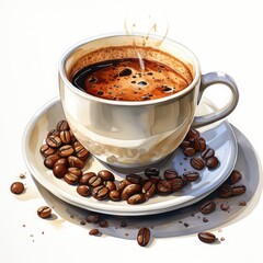 Coffee cup with coffee beans on a white background, 3d illustration