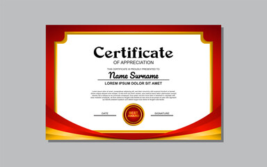 Certificate template with red and gold color: This design asset is suitable for creating elegant certificates for awards, achievements, diplomas, or any formal recognition.