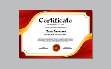 Certificate template with red and gold color: This design asset is suitable for creating elegant certificates for awards, achievements, diplomas, or any formal recognition.
