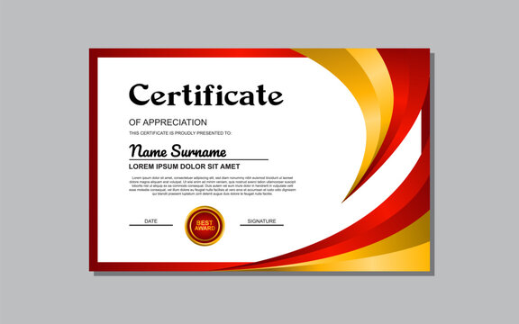 A certificate template with a red and yellow wavy design is a versatile asset suitable for creating eye-catching, modern certificates for various occasions and events.
