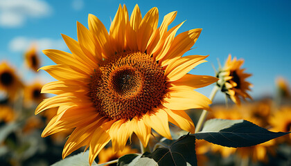 Obraz premium Vibrant sunflower, nature beauty, yellow petals, summer golden glow generated by AI
