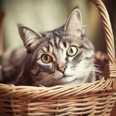 Mesmerizing Cat in Cozy Wicker Basket with Golden Gaze