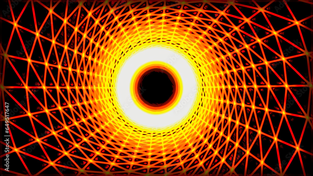 Poster tunnel with cyber grid and moving black hole. motion. abstract model of black hole with cyber grid. 
