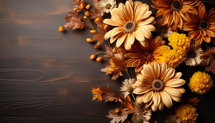 Autumn leaves on wooden table, bouquet of colorful flowers generated by AI