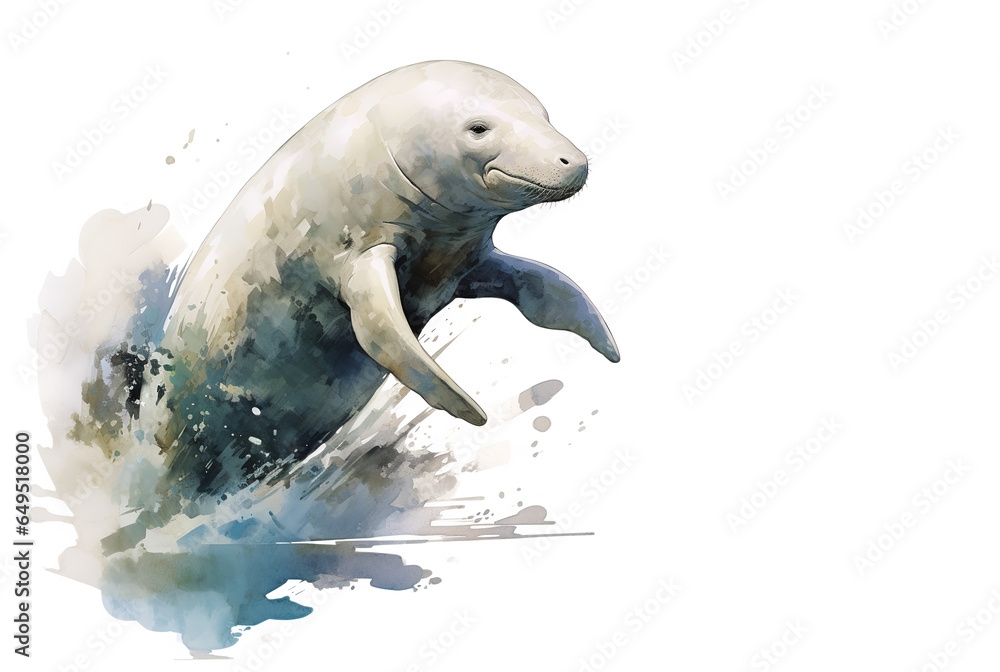 Wall mural watercolor painting of dugong on white background. wildlife animals. illustration, generative ai.