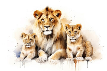 Watercolor painting of lion family on white background. Wildlife Animals. Illustration, Generative AI.