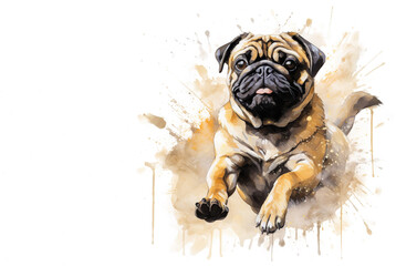 Watercolor painting of pug dog running on white background. Pet. Animals. Illustration, Generative AI. - obrazy, fototapety, plakaty