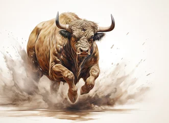 Zelfklevend Fotobehang Image of running bull painting on white background. Wildlife Animals. Illustration, Generative AI. © yod67