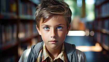 Serious schoolboy studying, looking at camera with confidence and focus generated by AI
