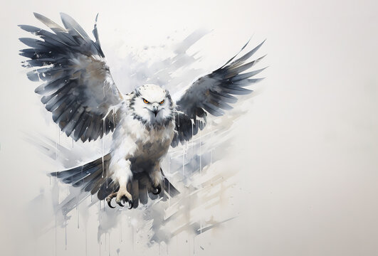 Image of painting snowy owl is flying on white background. Birds. Wildlife Animals. Illustration, Generative AI.