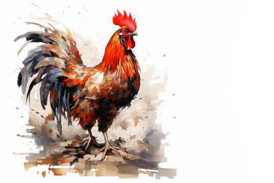 Watercolor painting of rooster on white background. Farm animals. Illustration, Generative AI.
