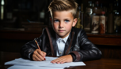 Fototapeta na wymiar A cute blond schoolboy sitting at a table, studying and smiling generated by AI