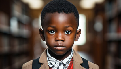 A cute African schoolboy smiling, studying in a library generated by AI