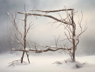  Squared Snowy Dry Branches Frame Backdrop