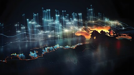 Creative chart with map on dark backdrop. Global invest concept. - obrazy, fototapety, plakaty