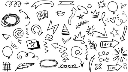 big collection vector set of hand-drawn doodle arrows, scheme, diagram, infographics, elements for presentation black on white background